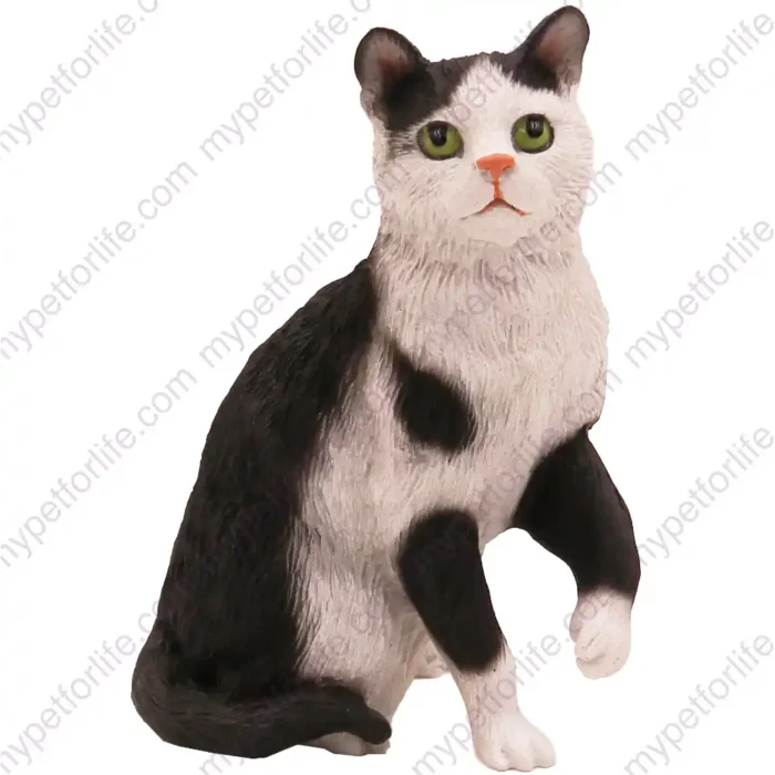 Sitting Black and white Short Hair cat figurine for memorial urn, front