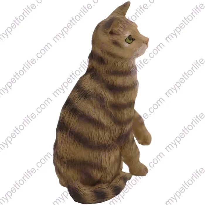 Sitting Brown Short Hair Tabby cat figurine for memorial urn, side