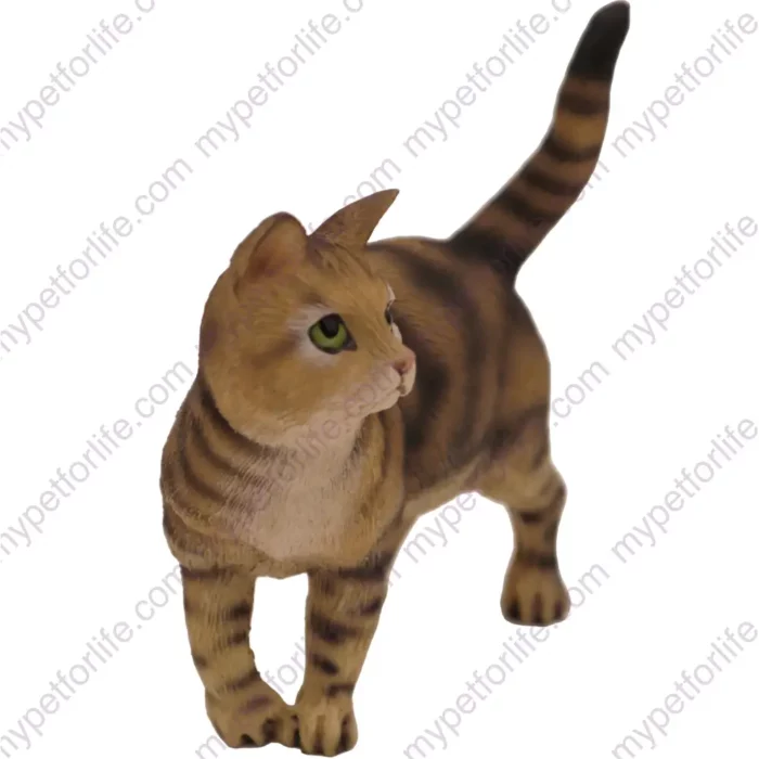 Standing Brown Short Hair Tabby cat figurine for memorial urn, side