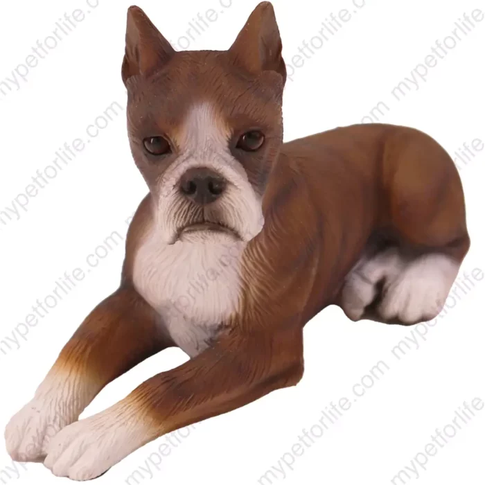 Brindle and white Boston Terrier dog figurine for memorial urn, front