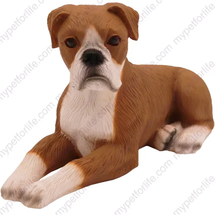 Laying ears down Boxer dog figurine for memorial urn, front