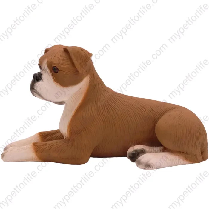 Laying ears down Boxer dog figurine for memorial urn, side