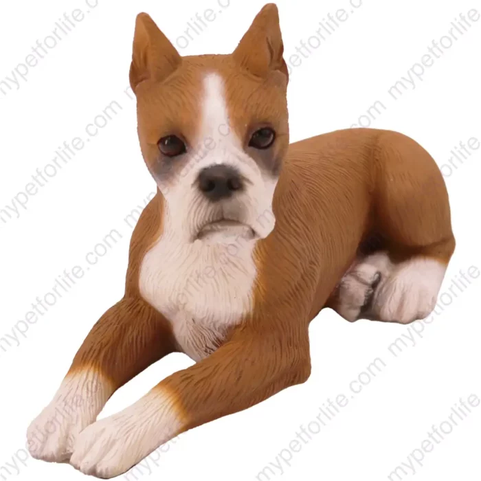 Laying ears up Boxer dog figurine for memorial urn, front