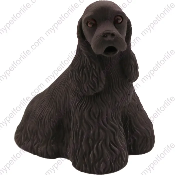 Sitting Black Cocker Spaniel dog figurine for memorial urn, front