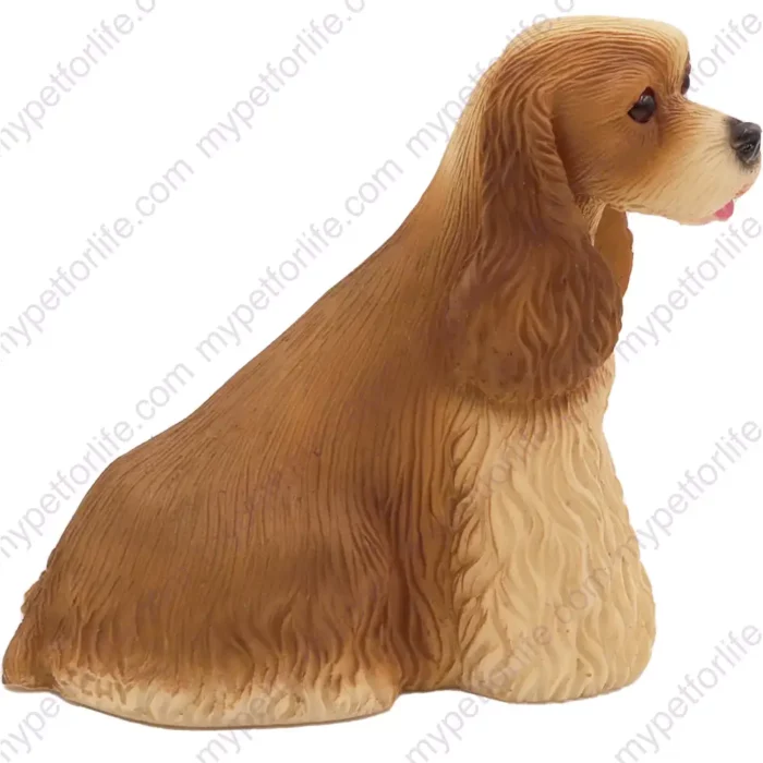 Sitting Buff and white Cocker Spaniel dog figurine for memorial urn, side