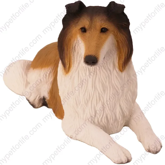 Laying Sable Collie dog figurine for memorial urn, front