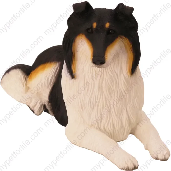 Laying Tri-color Collie dog figurine for memorial urn, front