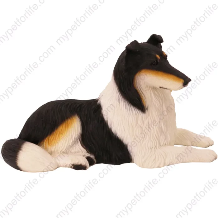 Laying Tri-color Collie dog figurine for memorial urn, side