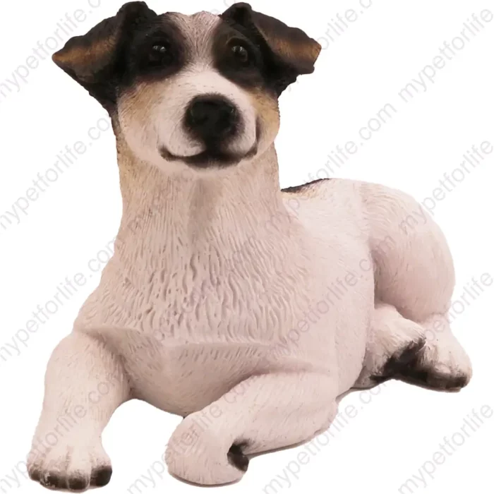 Laying black, brown & white Jack Russell Terrier dog figurine for memorial urn, front