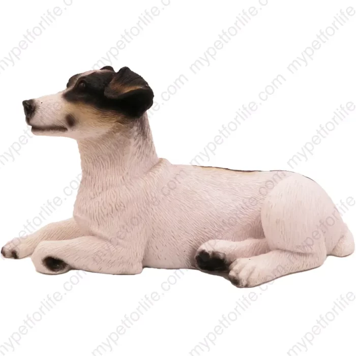 Laying black, brown & white Jack Russell Terrier dog figurine for memorial urn, side