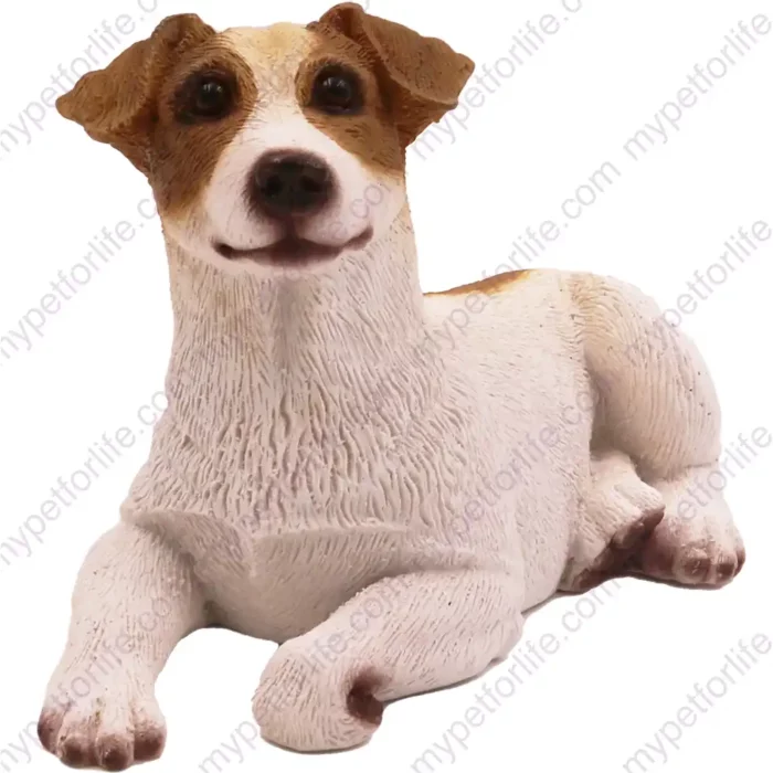 Laying brown & white Jack Russell Terrier dog figurine for memorial urn, front