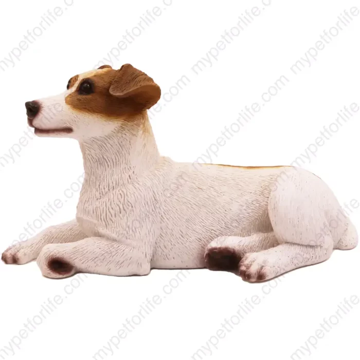 Laying brown & white Jack Russell Terrier dog figurine for memorial urn, side