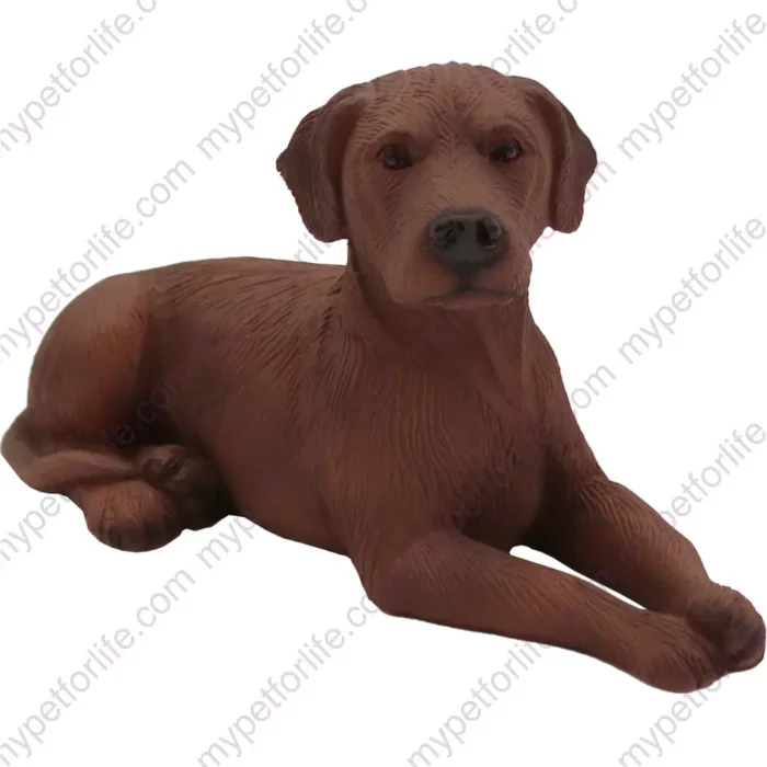 Laying chocolate Labrador Retriever dog figurine for memorial urn, front