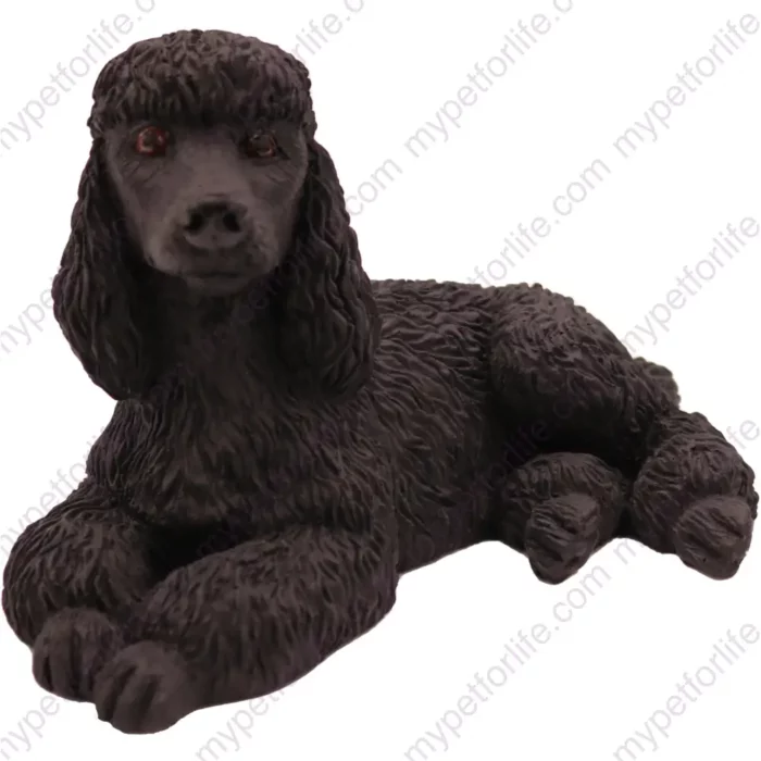 Laying Black Poodle dog figurine for memorial urn, front