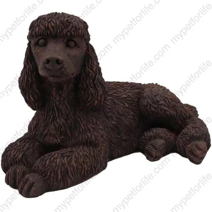 Laying Black Poodle dog figurine for memorial urn, front