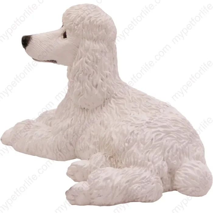 Laying White Poodle dog figurine for memorial urn, side