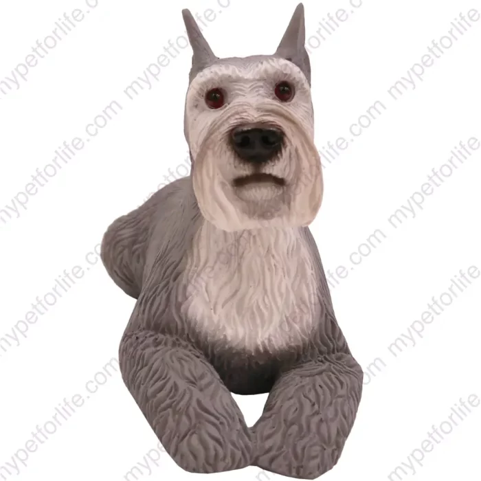 Laying ears up Gray Schnauzer dog figurine for memorial urn, front