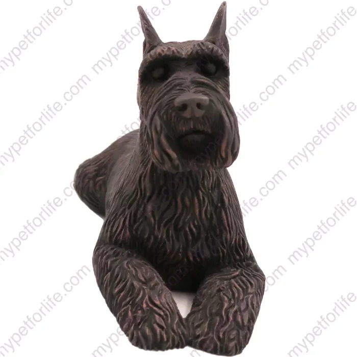 Laying ears up Bronze Schnauzer dog figurine for memorial urn, front