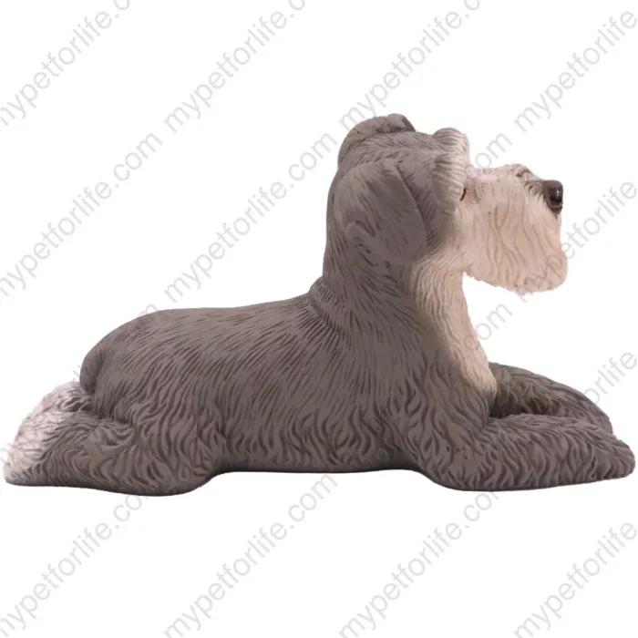 Laying ears up Gray Schnauzer dog figurine for memorial urn, side