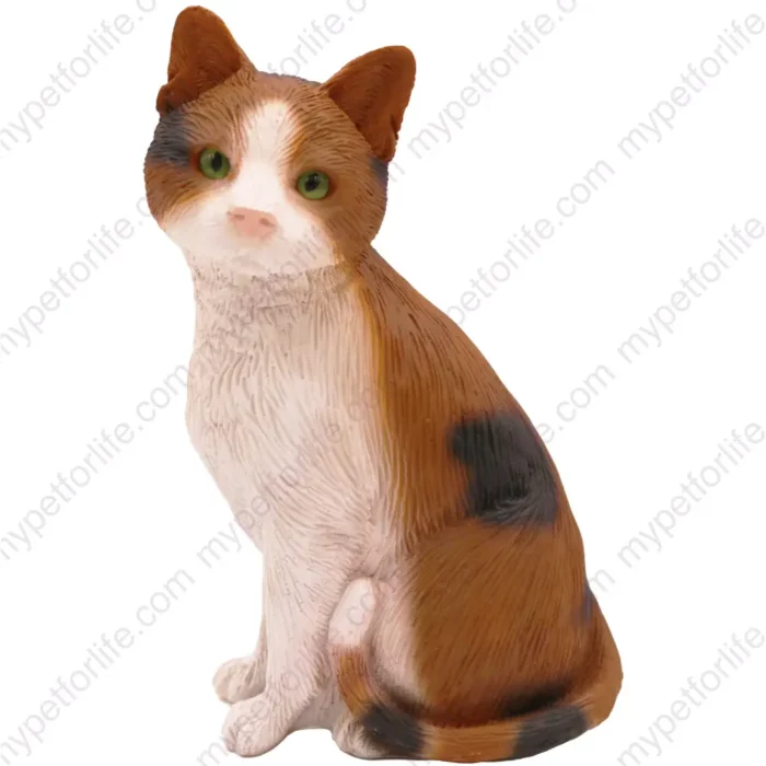 Sitting orange, black & white shorthair cat figurine for memorial urn, front