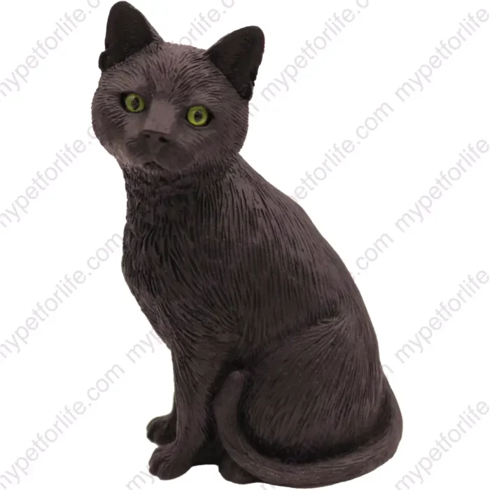 Sitting black shorthair cat figurine for memorial urn, front