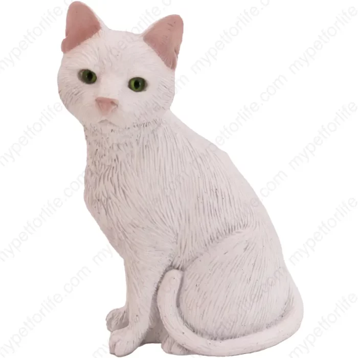 Sitting white shorthair cat figurine for memorial urn, front