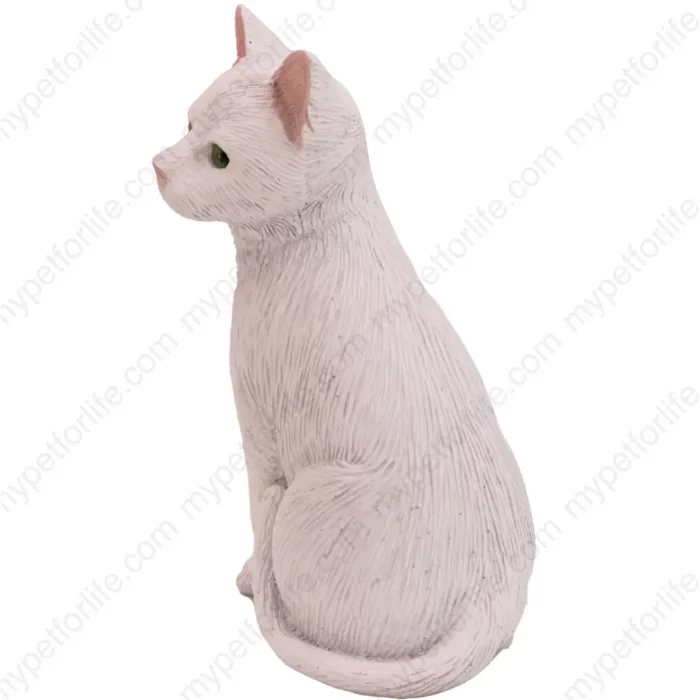 Sitting white shorthair cat figurine for memorial urn, side