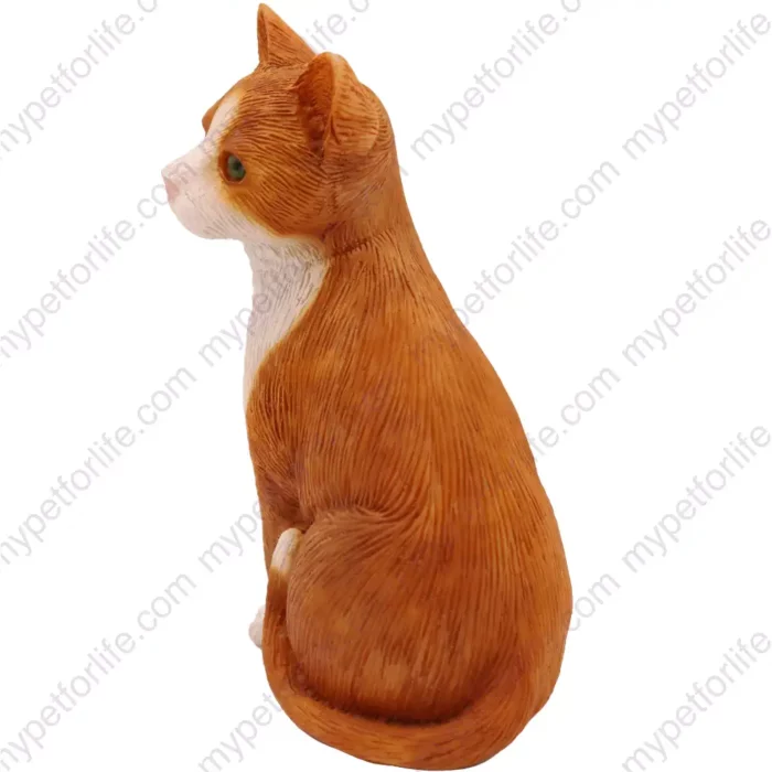 Sitting orange & white shorthair cat figurine for memorial urn, side