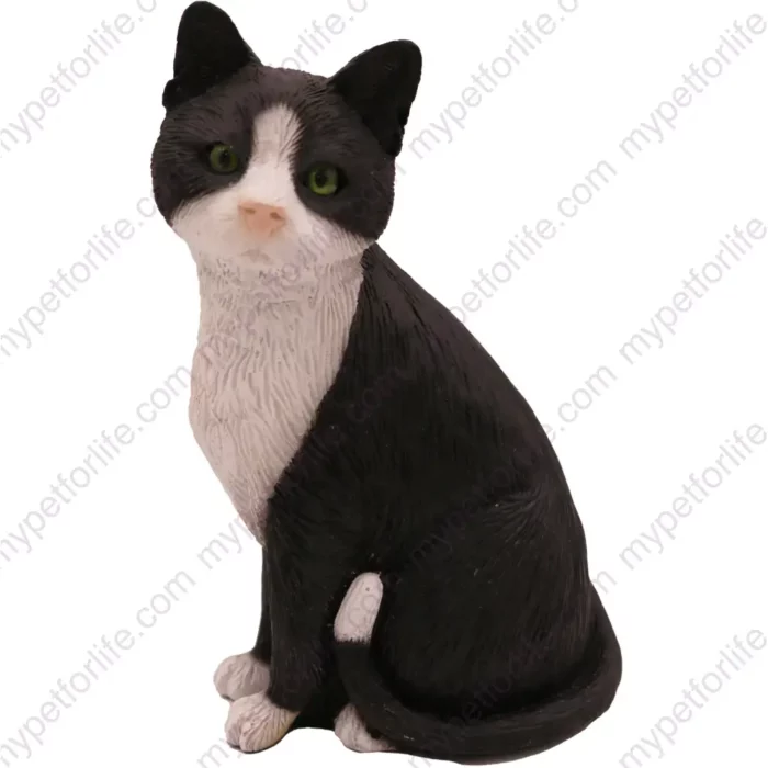 Sitting black & white shorthair cat figurine for memorial urn, front