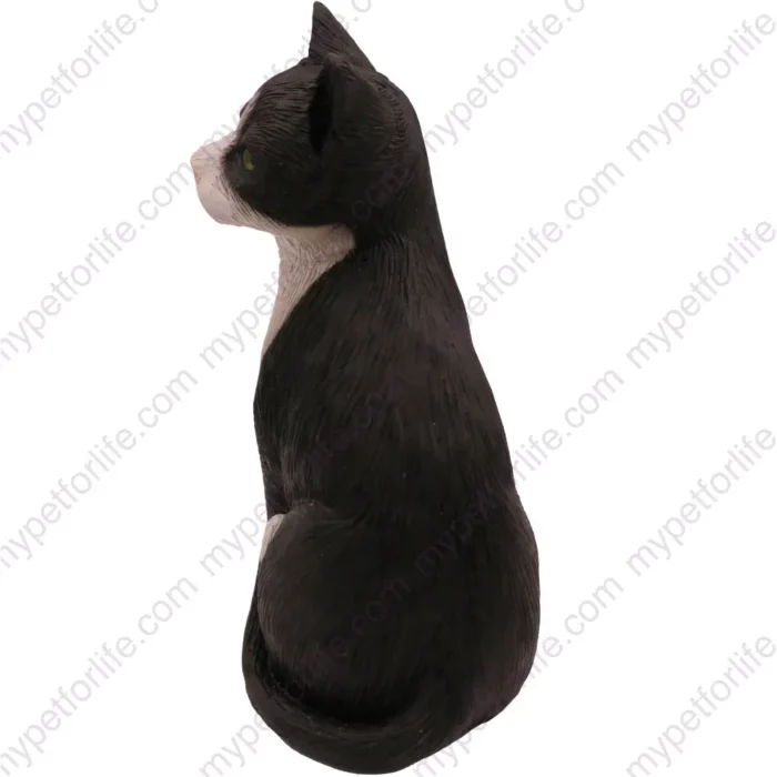 Sitting black & white shorthair cat figurine for memorial urn, side