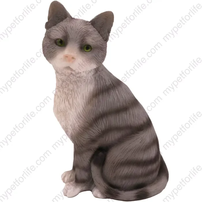 Sitting gray & white shorthair cat figurine for memorial urn, front