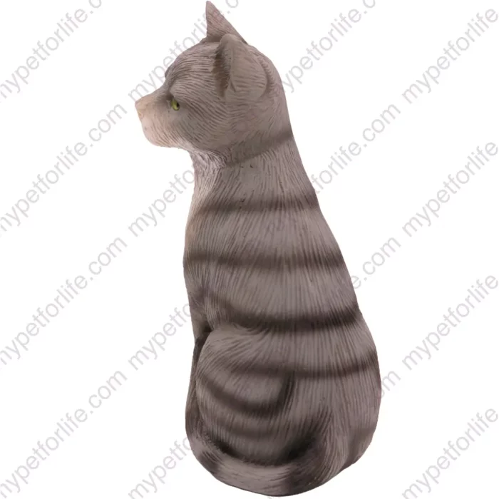 Sitting gray & white shorthair cat figurine for memorial urn, side