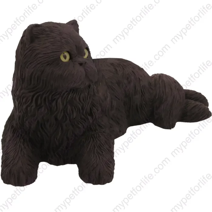 Laying black Persian cat figurine for memorial urn, side