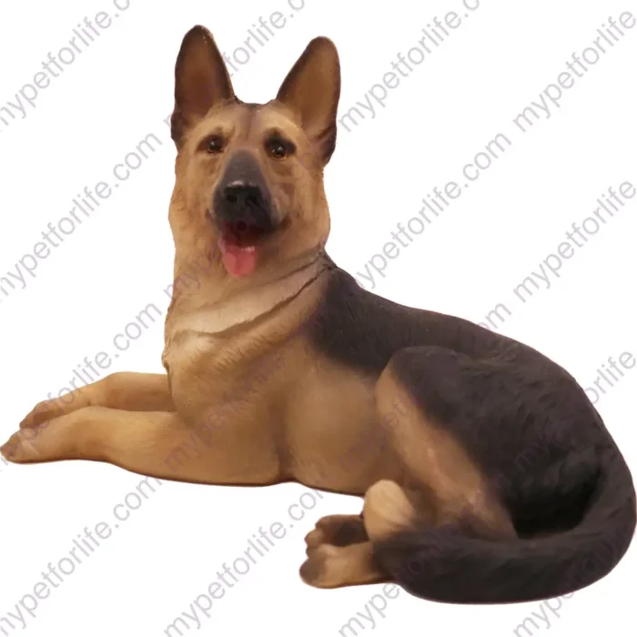 Laying German Shepherd dog figurine for memorial urn, front