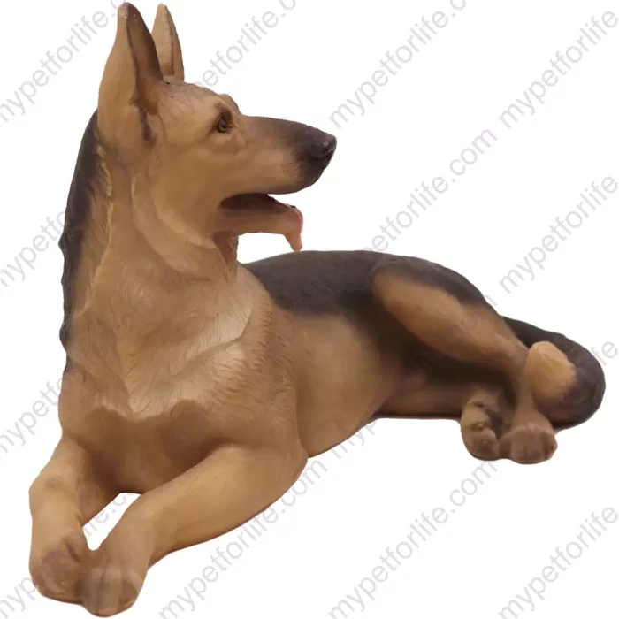 Laying German Shepherd dog figurine for memorial urn, side