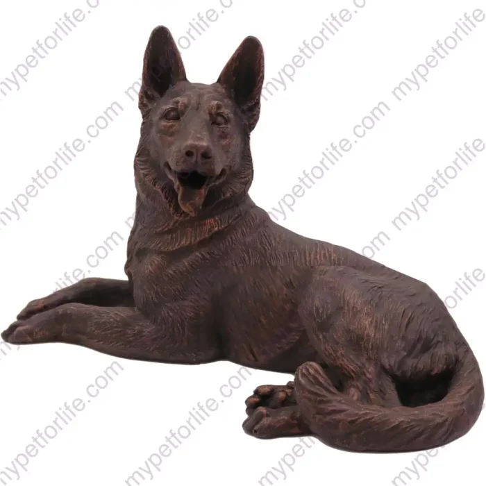 Laying bronze German Shepherd dog figurine for memorial urn, front