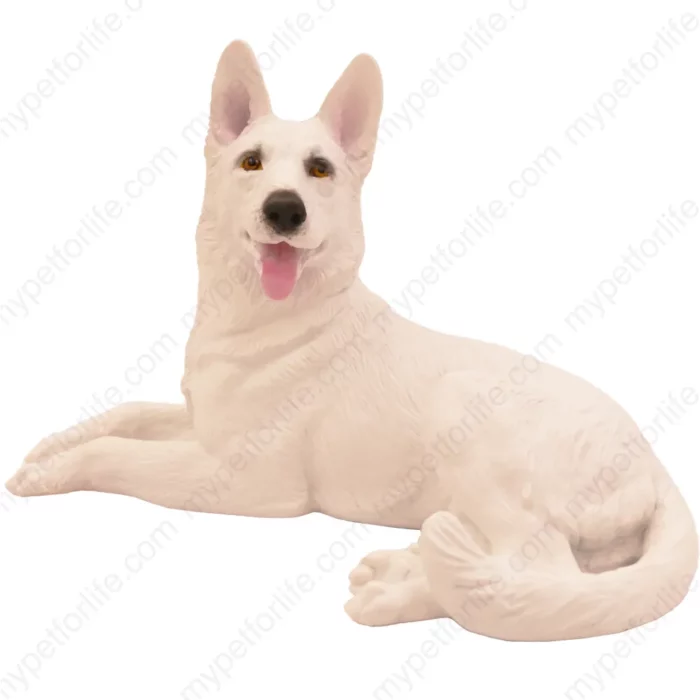 Laying white German Shepherd dog figurine for memorial urn, front