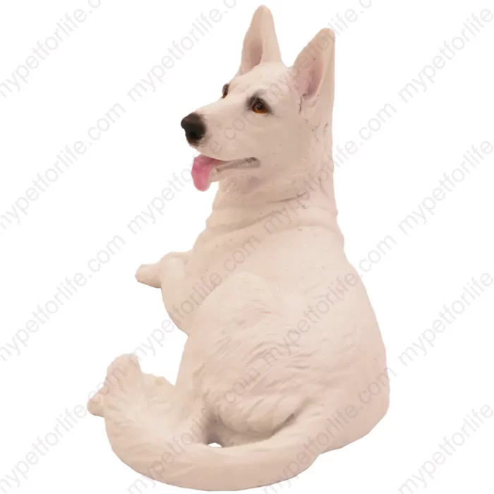 Laying white German Shepherd dog figurine for memorial urn, side