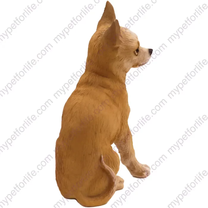 White and tan sitting Chihuahua dog figurine for memorial urn, side