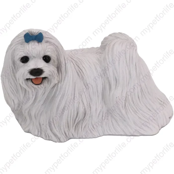 Maltese with blue ribbon dog figurine for memorial urn, front