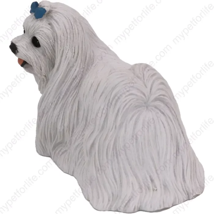 Maltese with blue ribbon dog figurine for memorial urn, side