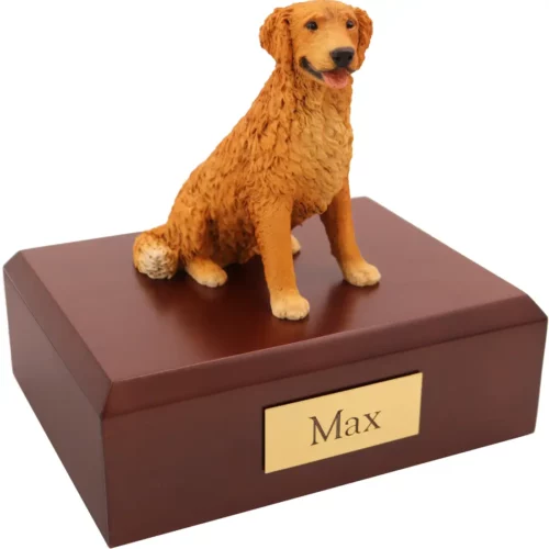 Sitting golden retriever dog figurine on wood memorial cremation urn