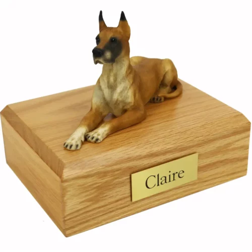 Laying Fawn Great Dane dog figurine on wood memorial cremation urn