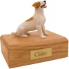 Sitting brown and white Jack Russell dog figurine on wood memorial cremation urn