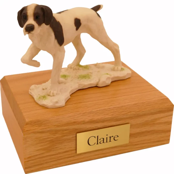 Standing pointer dog figurine on wood memorial cremation urn