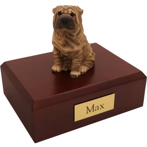 Sitting Shar Peis dog figurine on wood memorial cremation urn