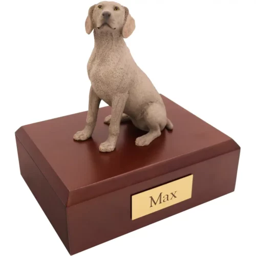 Sitting Weimaraner dog figurine on wood memorial cremation urn