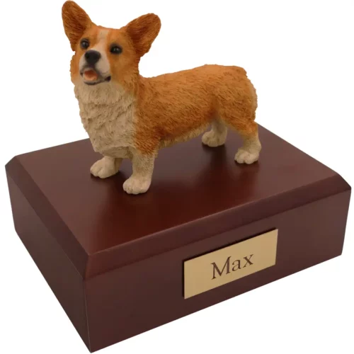 Standing Welsh Corgi dog figurine on wood memorial cremation urn