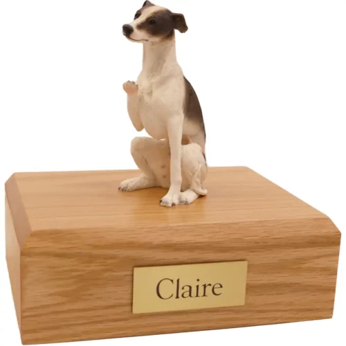 Sitting brown whippet dog figurine on wood memorial cremation urn