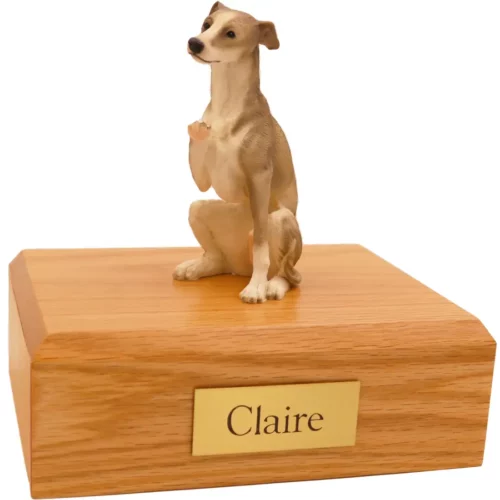 Sitting gray whippet dog figurine on wood memorial cremation urn